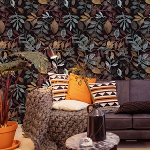 Dark Botanical Wallpaper with Watercolor Leaves • Peel and Stick *self adhesive* or Non-Pasted Vinyl Materials •