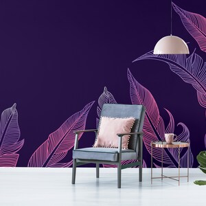 Purple wallpaper with bird feathers V2, self adhesive, peel and stick wall mural