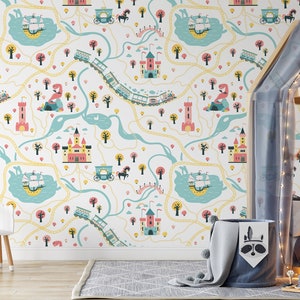 Wallpaper with a castle, train, dragon and pirate ship, For kids, self adhesive, peel and stick wall mural