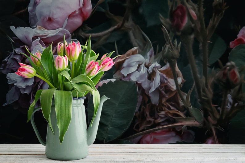 Green Vintage Wallpaper With Pink Roses Peel and Stick Etsy