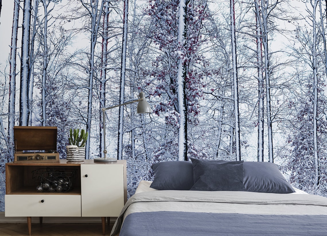Winter Snowy Forest Wallpaper Self Adhesive Peel and Stick Etsy