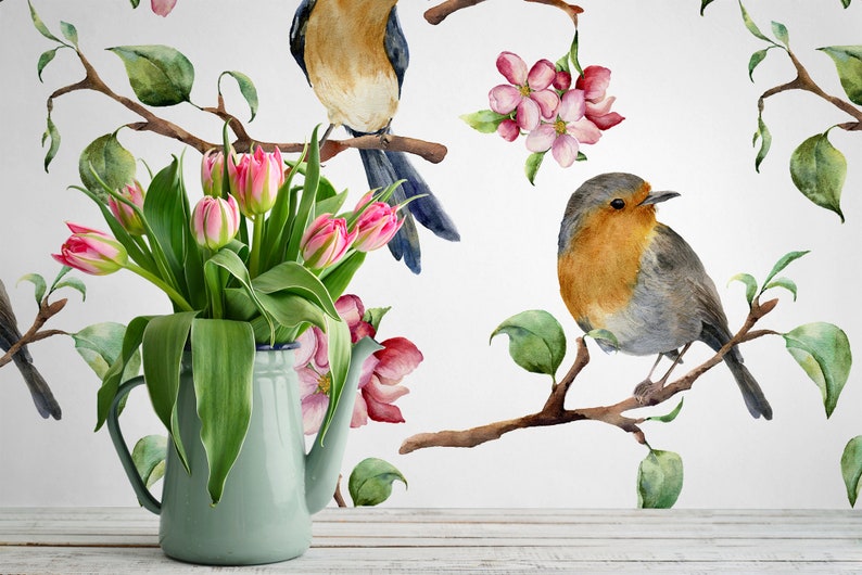 Beautiful Wallpaper With Cherry Blossoms and Birds Self - Etsy