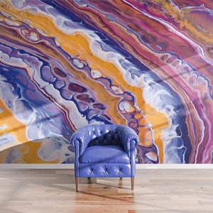 Colorful wavy marbled wallpaper with blue, pink and yellow colors || self adhesive, peel and stick wall mural