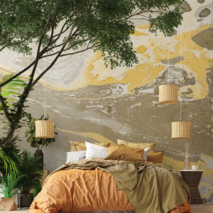 Abstract yellow marbled wallpaper || self adhesive, peel and stick wall mural