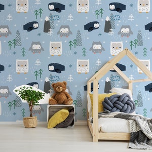 Papel tapiz azul con búhos de dibujos animados || Para niños, mural de pared autoadhesivo, despegable y pegado.