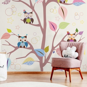 Wallpaper with colorful tree and owls, Wallpaper for kids, self adhesive, peel and stick wall mural