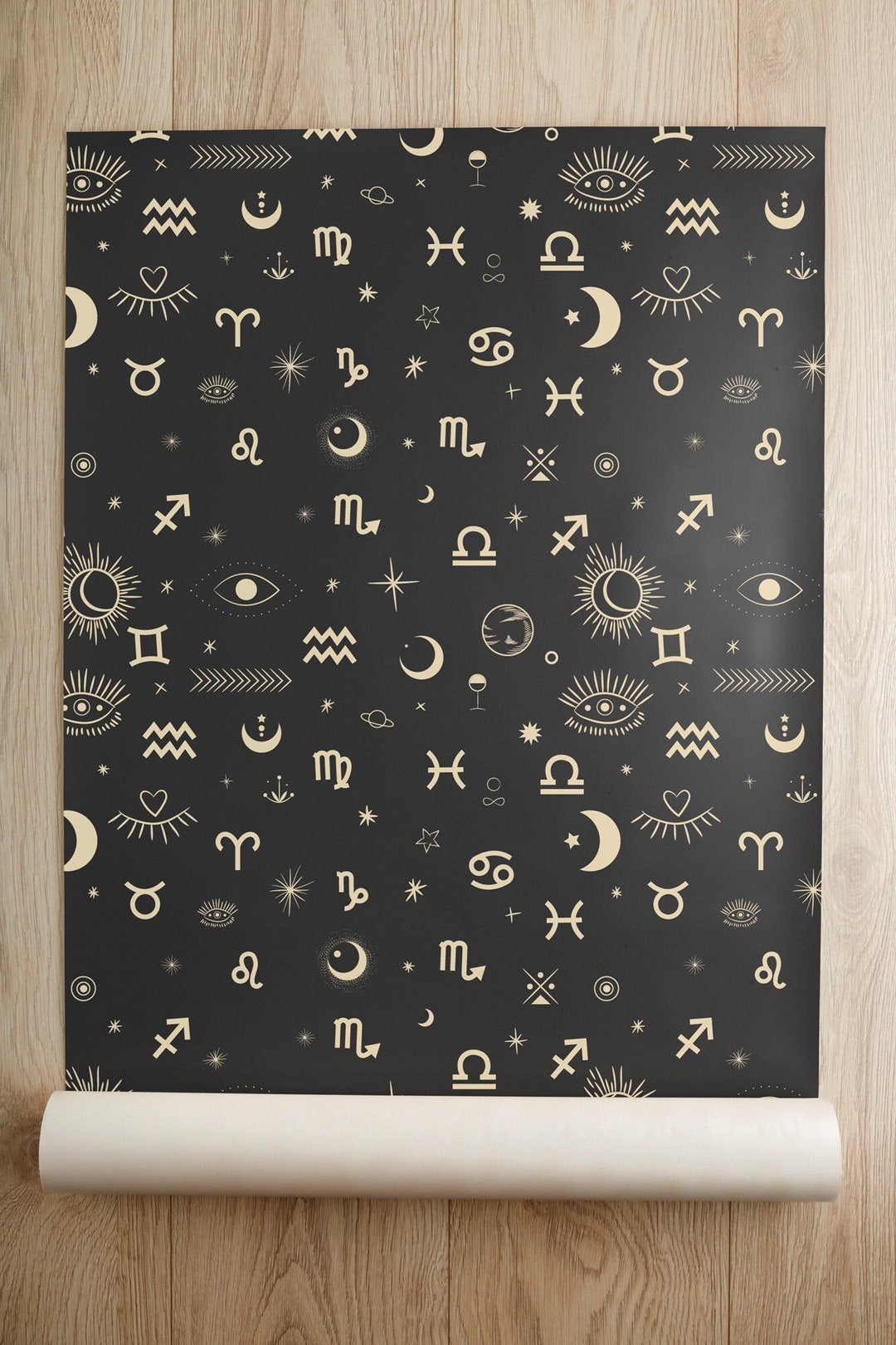 Black Wallpaper With Zodiac Signs and Sun Peel and Stick self Adhesive