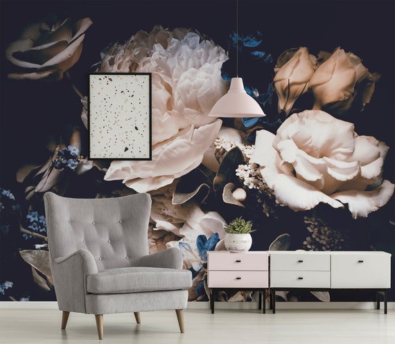 Dark vintage floral wallpaper, dark botanical wallpaper, floral wall mural, self adhesive, removable, temporary peel and stick wallpaper