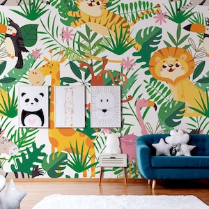 Papier peint de jungle de dessin animé avec des animaux et des feuilles exotiques, pour les enfants, auto-adhésif, peinture murale à décoller et à coller