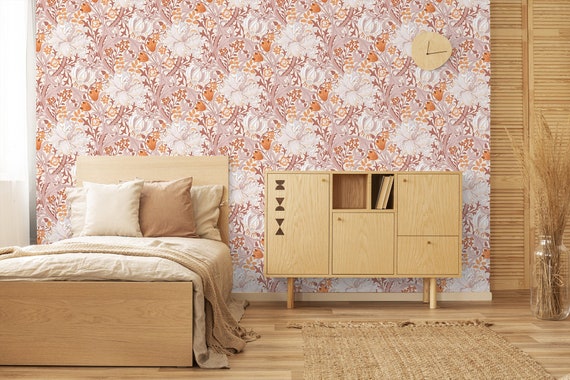 Pink & Orange Decorative Floral Wallpaper Peel and Stick | Etsy