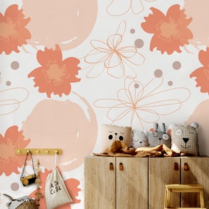 Abstract orange cartoon floral pattern wallpaper || For Kids, self adhesive, peel and stick wall mural