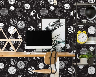 Dark Planetary Pattern Wallpaper, Kids Room, Nursery Space Wall Mural • Peel and Stick *self adhesive* or Non-Pasted Vinyl Materials