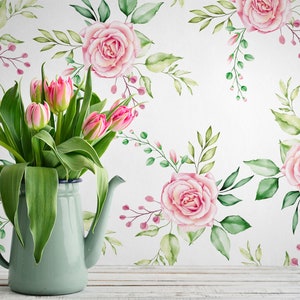 ピンクのバラ模様の美しい白い壁紙 ||剥がして貼るだけの花の壁画