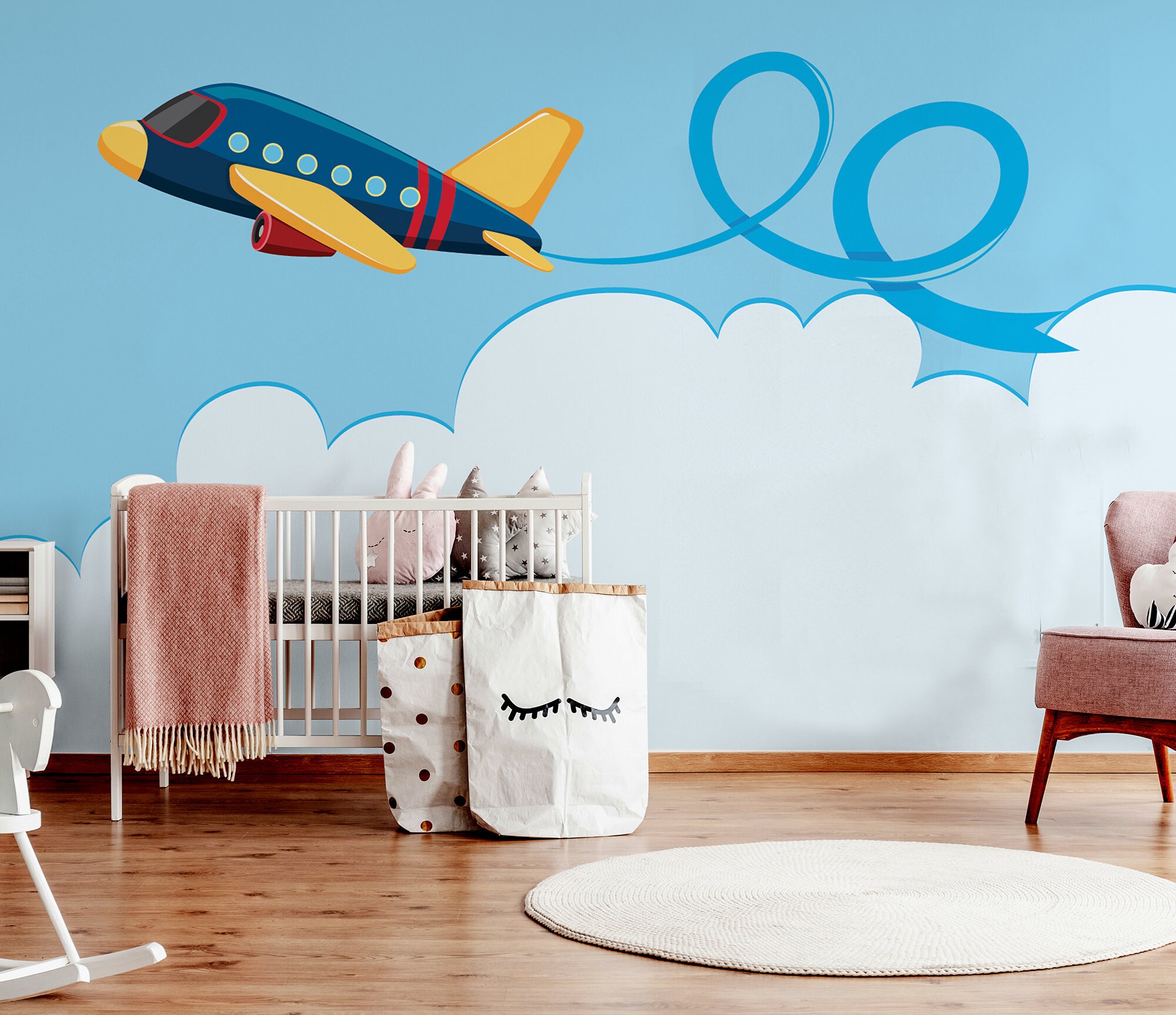 Cartoon Wallpaper With Blue Sky and a Plane for Kids Self - Etsy