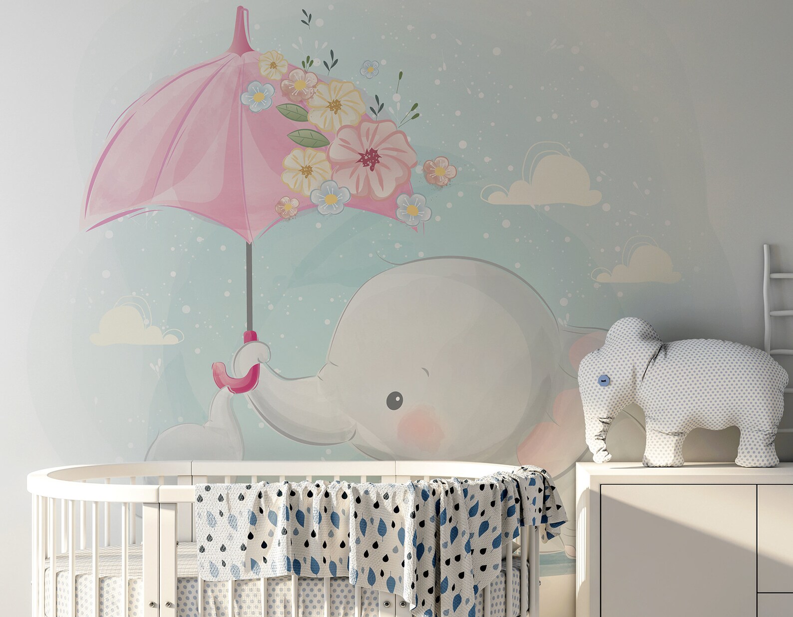 Wallpaper with cute elephants holding floral umbrella For - Etsy Polska