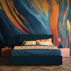 Blaue und orange magische abstrakte Tapete || Blumenwandbild abziehen und aufkleben