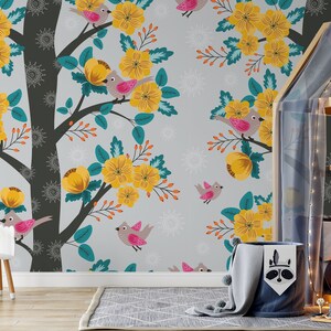 Wallpaper with a blooming tree and birds || For Kids, self adhesive, peel and stick wall mural