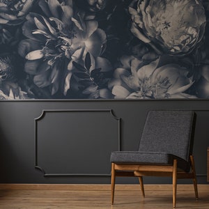 Vintage blue wallpaper with peony flowers || peel and stick botanical wall mural