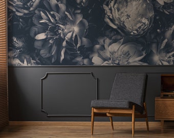 Vintage blue wallpaper with peony flowers || peel and stick botanical wall mural