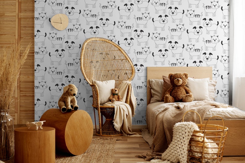 White and Black Wallpaper With Dog and Cat Pattern Wallpaper Etsy