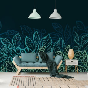 Dark wallpaper with blue vector plants, self adhesive, peel and stick floral wall mural