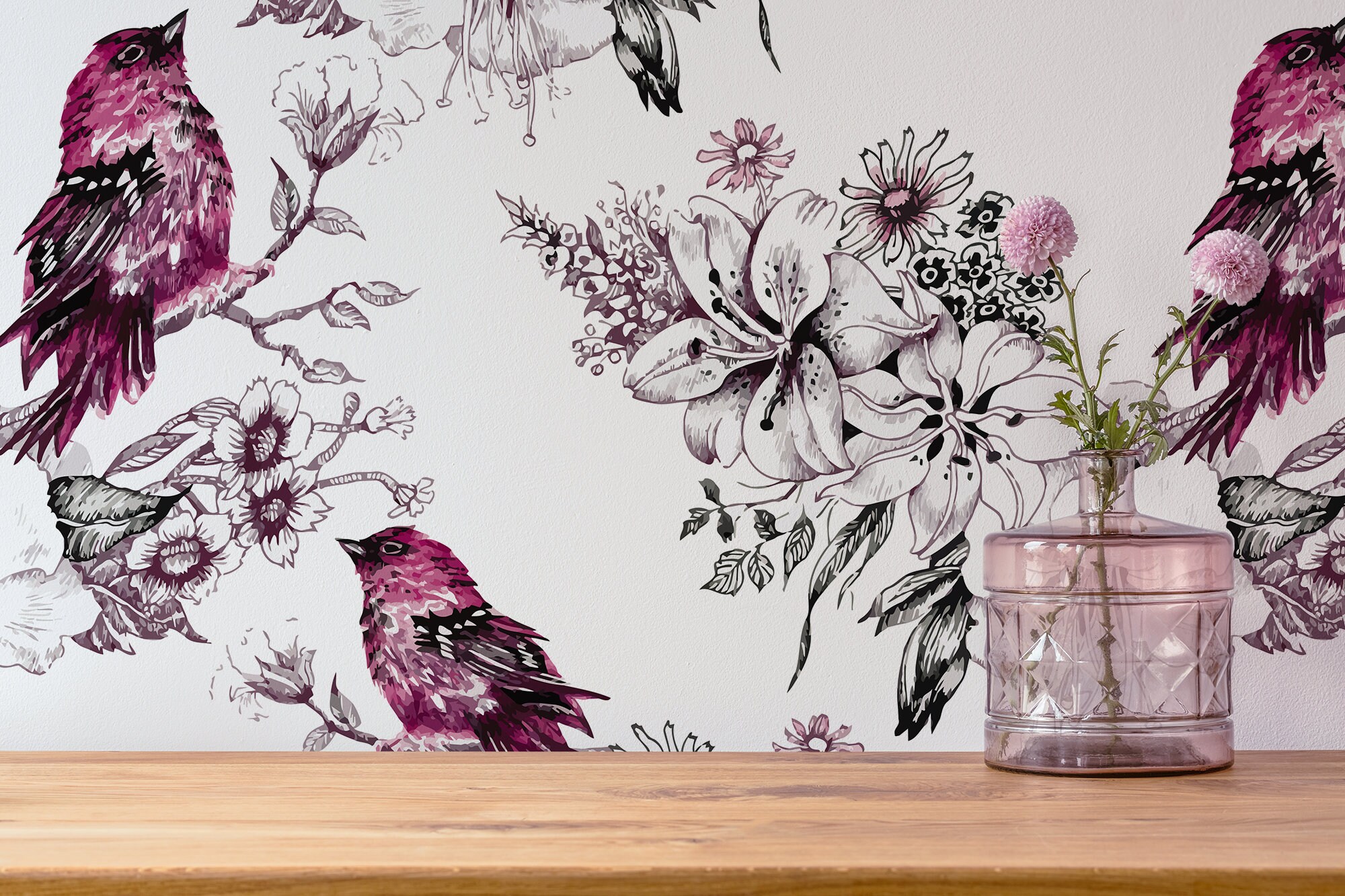 Summer herbs & birds Botanical wallpaper self adhesive | Etsy