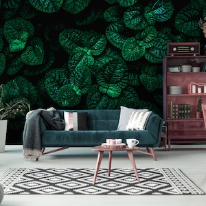 Dark green tropical leaves photo wallpaper || self adhesive, peel and stick wall mural