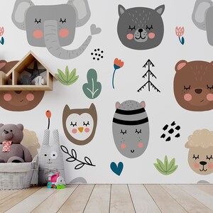 Tapete mit niedlichen Tiergesichtern || Für Kinder, selbstklebendes Wandgemälde zum Abziehen und Aufkleben