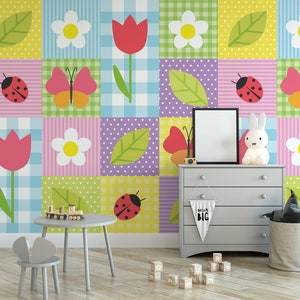 Carta da parati geometrica botanica per l'asilo nido, coccinella, tulipano, fiore, farfalla, motivo a foglie, autoadesivo, murale con buccia e bastone