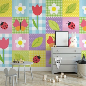  Primavera sin costuras en estilo de dibujos animados, colorido  garabato infantil con papel pintado simple despegar y pegar, papel pintado  autoadhesivo extraíble de pared grande para decoración del hogar para  dormitorio