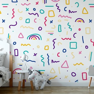 Wallpaper with colorful squares, triangles, lines and rainbows, For Kids, self adhesive, peel and stick wall mural