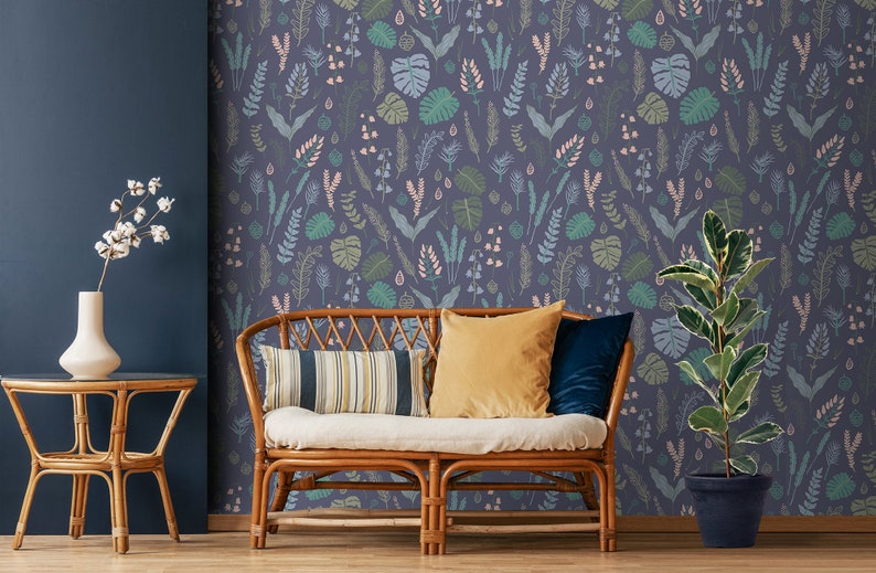 Forest plants self adhesive leaves floral wall mural removable seeds /& cones wallpaper temporary peel and stick