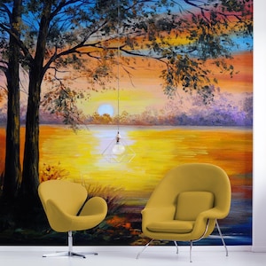 Landscape wallpaper, tree and lake Abstract Wall Mural • Peel and Stick *self adhesive* or Non-Pasted Vinyl Materials