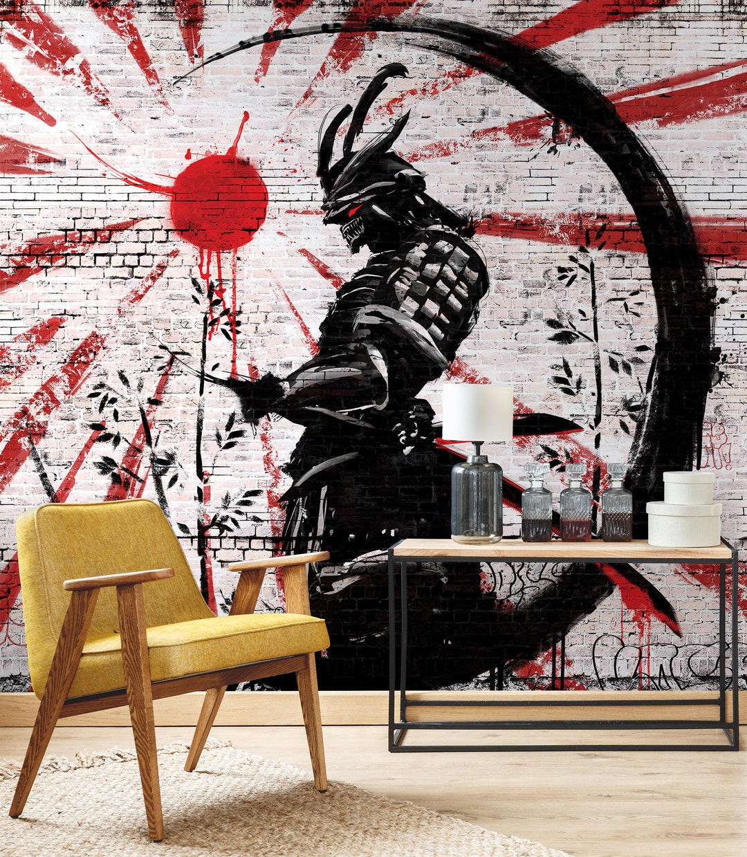 Japanese Warrior Street Art Wallpaper, Dark Samurai Painting on a Brick  Wall Self Adhesive, Peel and Stick Wall Mural 