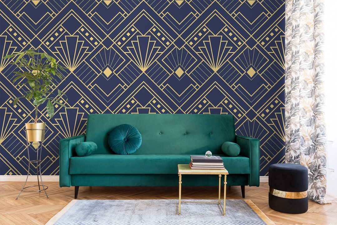 Dark Blue and Yellow Art Deco Abstract Geometric Wallpaper Peel and