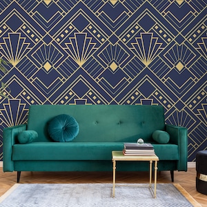 Carta da parati geometrica astratta art deco blu scuro e giallo || staccare e incollare il murale