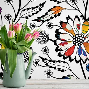 Vit tapet med färgglatt abstrakt blommönster, självhäftande, självhäftande blommotiv bild 5