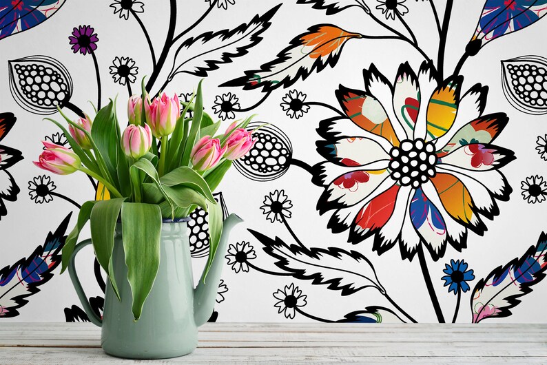 Vit tapet med färgglatt abstrakt blommönster, självhäftande, självhäftande blommotiv bild 5