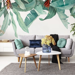 Hanging Banana Leaves Wallpaper, Tropical Wall Mural, White Background • Peel and Stick *self adhesive* or Non-Pasted Vinyl Materials •