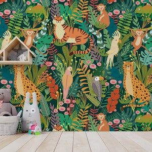 Jungle wallpaper with plants and wild animals, For Kids, self adhesive, peel and stick wall mural