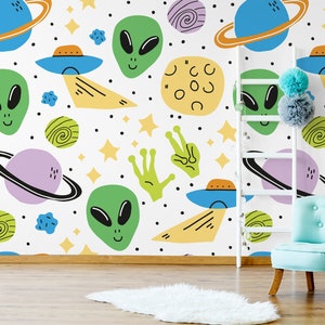 UFOs and planets pattern wallpaper || For Kids, self adhesive, peel and stick wall mural