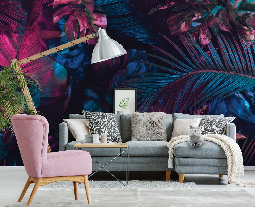 Dark Wallpaper With Pink and Blue Tropical Leaves, Self Adhesive, Peel ...