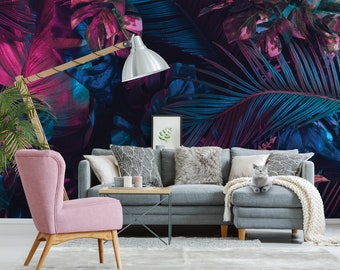 Dark wallpaper with pink and blue tropical leaves, self adhesive, peel and stick wall mural