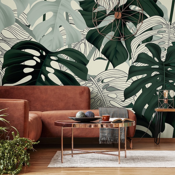 Big green monstera leaves wallpaper || self adhesive, peel and stick wall mural