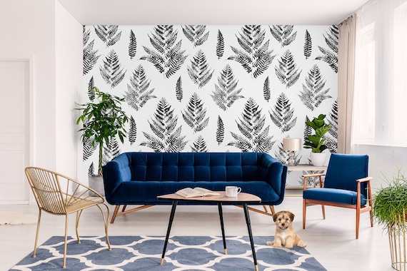 Fern leaves black & white wallpaper, leaf print, botanical wall mural, self adhesive, removable, temporary peel and stick wallpaper