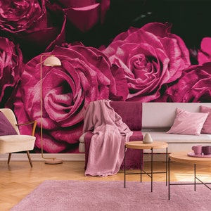 Beautiful wallpaper with pink roses on a black background || peel and stick wall mural