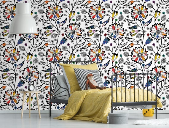 White wallpaper with colorful abstract floral pattern, self adhesive, peel and stick floral wall mural