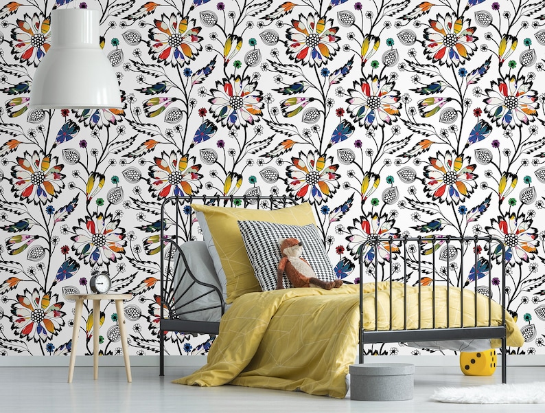 Vit tapet med färgglatt abstrakt blommönster, självhäftande, självhäftande blommotiv bild 1
