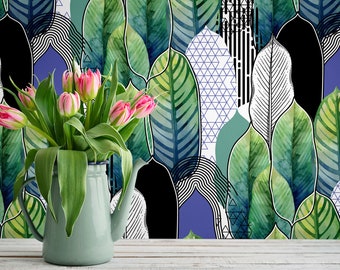 Abstract green and blue leaf pattern wallpaper || peel and stick botanical wall mural