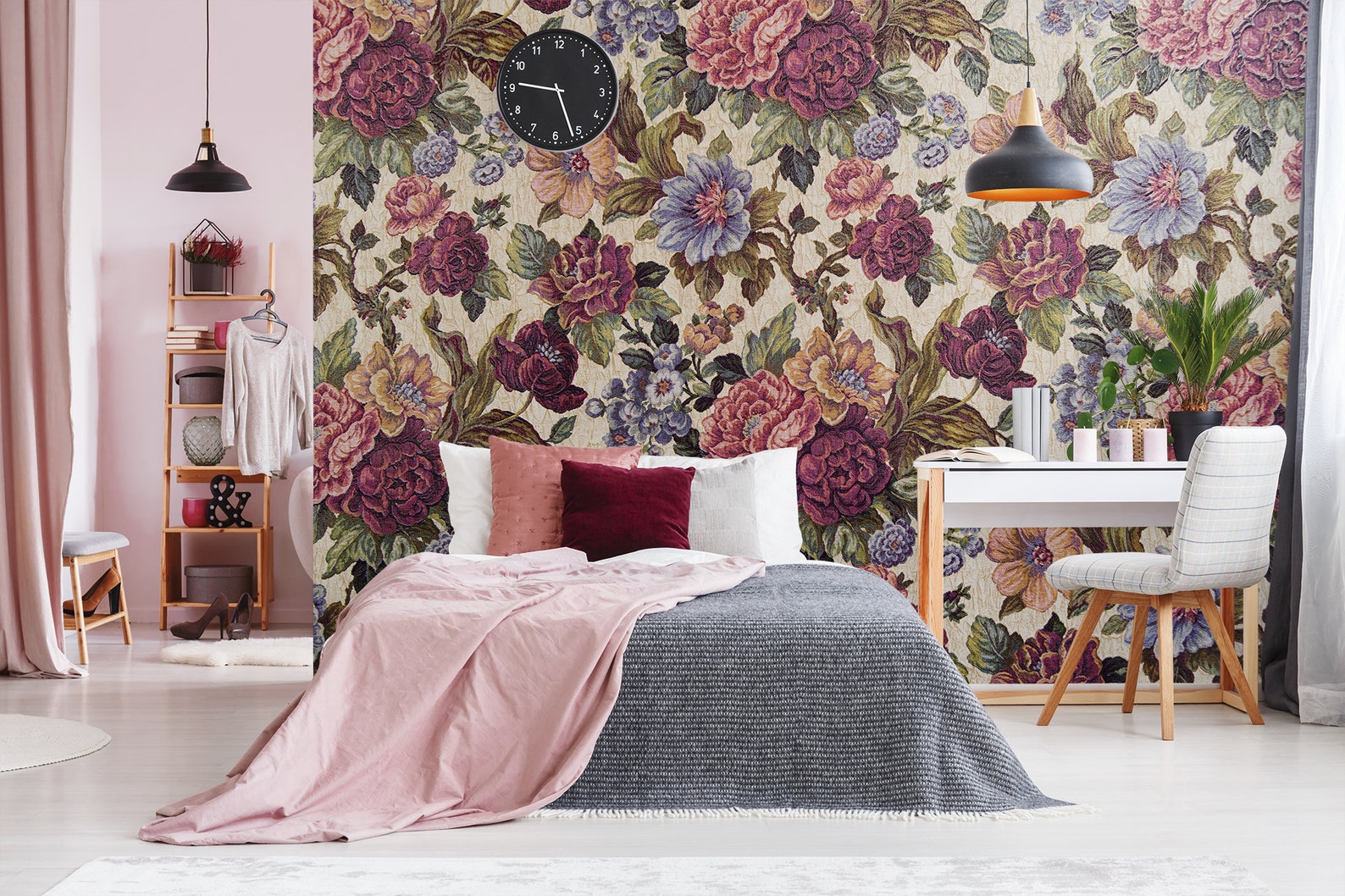 Floral Wallpaper With Colorful Vintage Peony Flowers, Self Adhesive ...